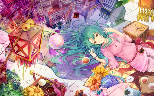 HD PC desktop wallpaper featuring Luca from Yu-Gi-Oh 5D's in vibrant anime style, surrounded by colorful lanterns, flowers, and mystical orbs.