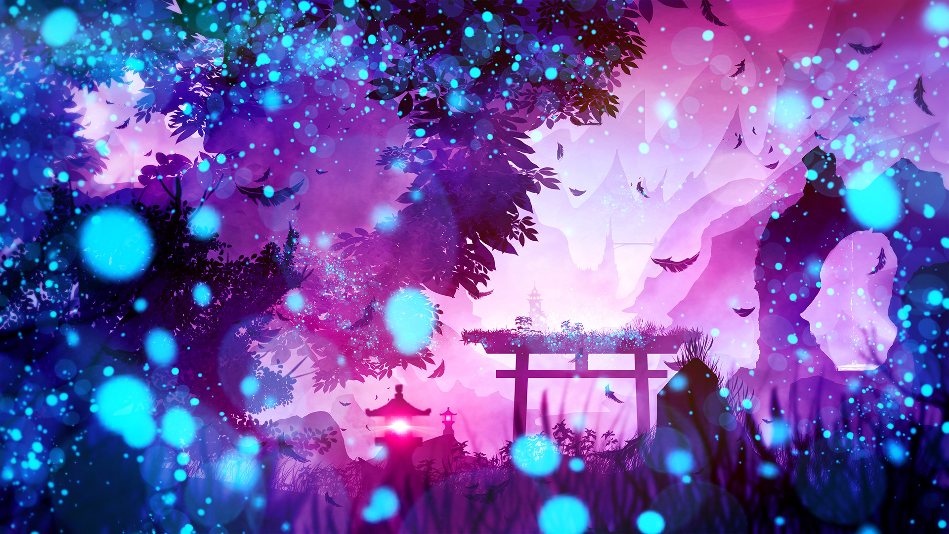 Download Shrine Lantern Blue Purple Nature Fantasy Landscape HD ...