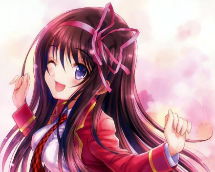 HD PC desktop wallpaper featuring Ouka Yuuouji from the anime Noucome, showcasing her vibrant purple eyes and flowing dark hair with a pink ribbon.