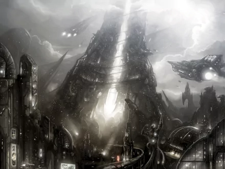 2K Quad HD PC desktop wallpaper: futuristic sci‑fi cityscape with a towering central spire, hovering spaceships and sleek buildings shrouded in stormy, clouded skies.