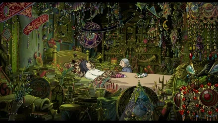 A high-definition desktop wallpaper featuring a scene from the anime Howl's Moving Castle with detailed and colorful interior decor.