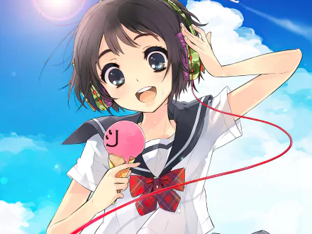 blue eyes ice cream black hair short hair Anime headphones HD Desktop Wallpaper | Background Image
