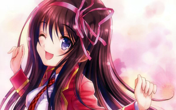 HD PC desktop wallpaper featuring Ouka Yuuouji from the anime Noucome, showcasing her vibrant purple eyes and flowing dark hair with a pink ribbon.