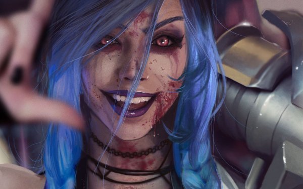 Video Oyunu League Of Legends Jinx Yüz Blue Hair Lipstick Smile Red Eyes HD Duvar kağıdı | Arka plan
