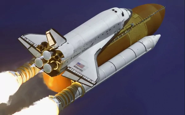 A stunning HD wallpaper featuring the Space Shuttle Atlantis launching into space, showcasing its powerful rocket boosters and sleek vehicle design against a deep blue background.