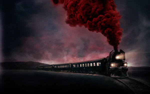 A HD desktop wallpaper of a scene from Murder on the Orient Express (2017), featuring a train emitting dark smoke against a moody sky.