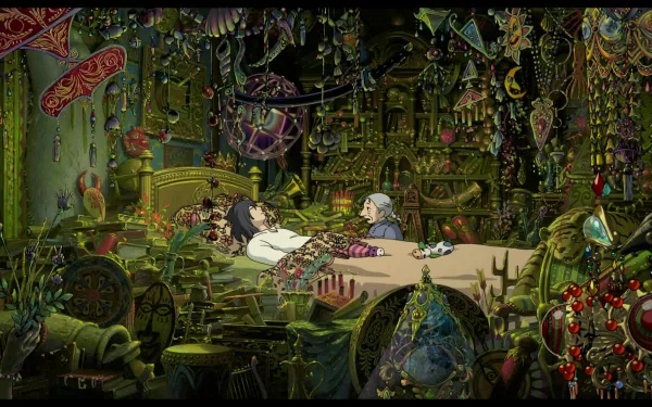 A high-definition desktop wallpaper featuring a scene from the anime Howl's Moving Castle with detailed and colorful interior decor.