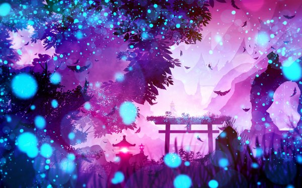 Fantasy Landscape Nature Purple Blue Lantern Shrine HD Wallpaper | Background Image