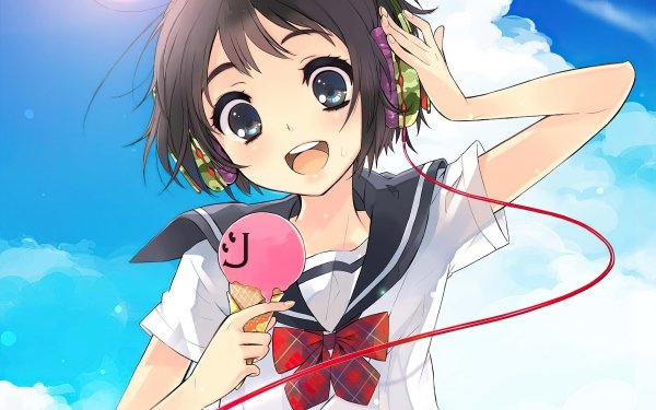 Anime Headphones Short Hair Black Hair Ice Cream Blue Eyes HD Wallpaper | Background Image