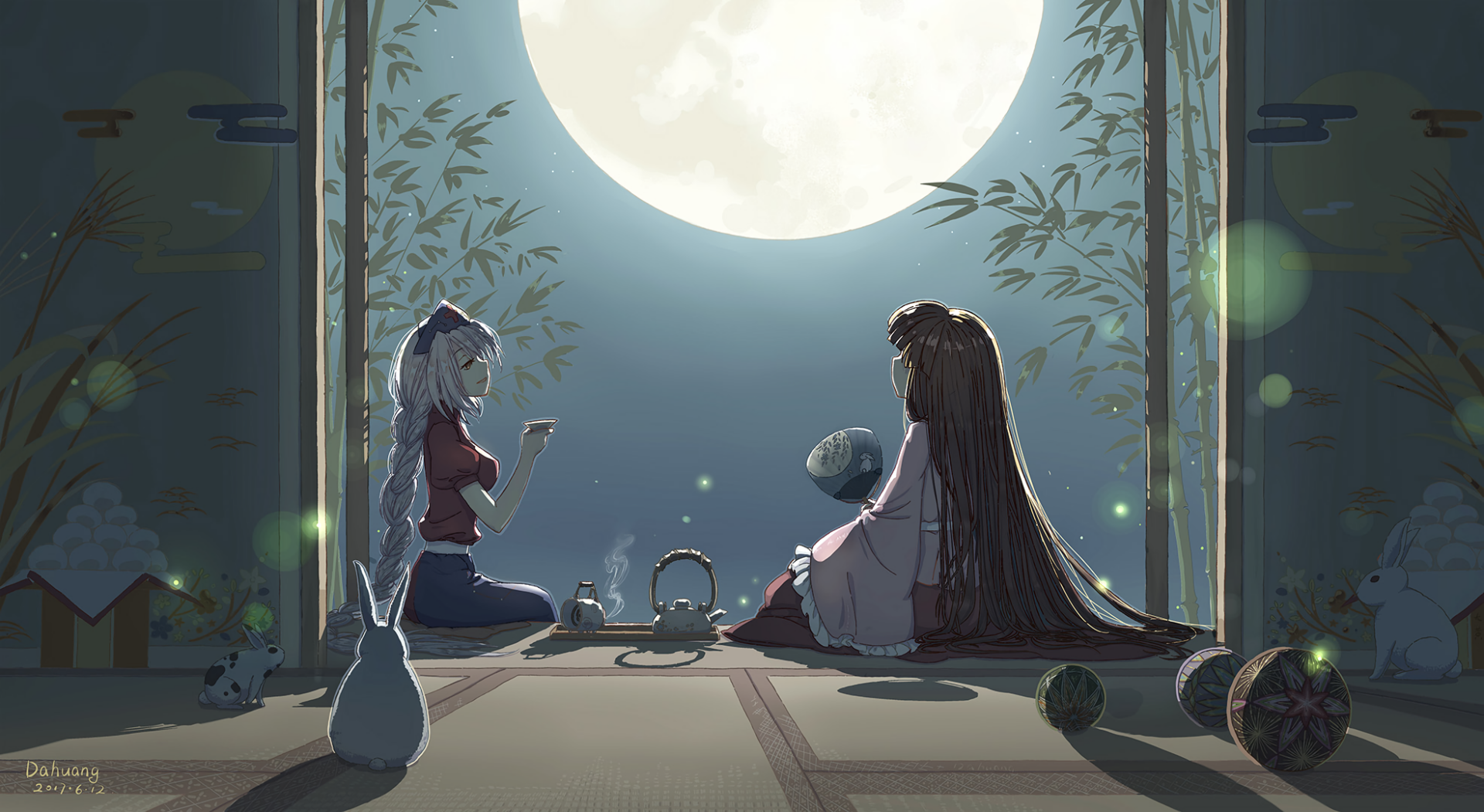 Eirin Yagokoro and Kaguya Houraisan from Touhou sit on a tatami porch beneath a full moon, sharing tea by lantern light — HD PC desktop anime wallpaper.