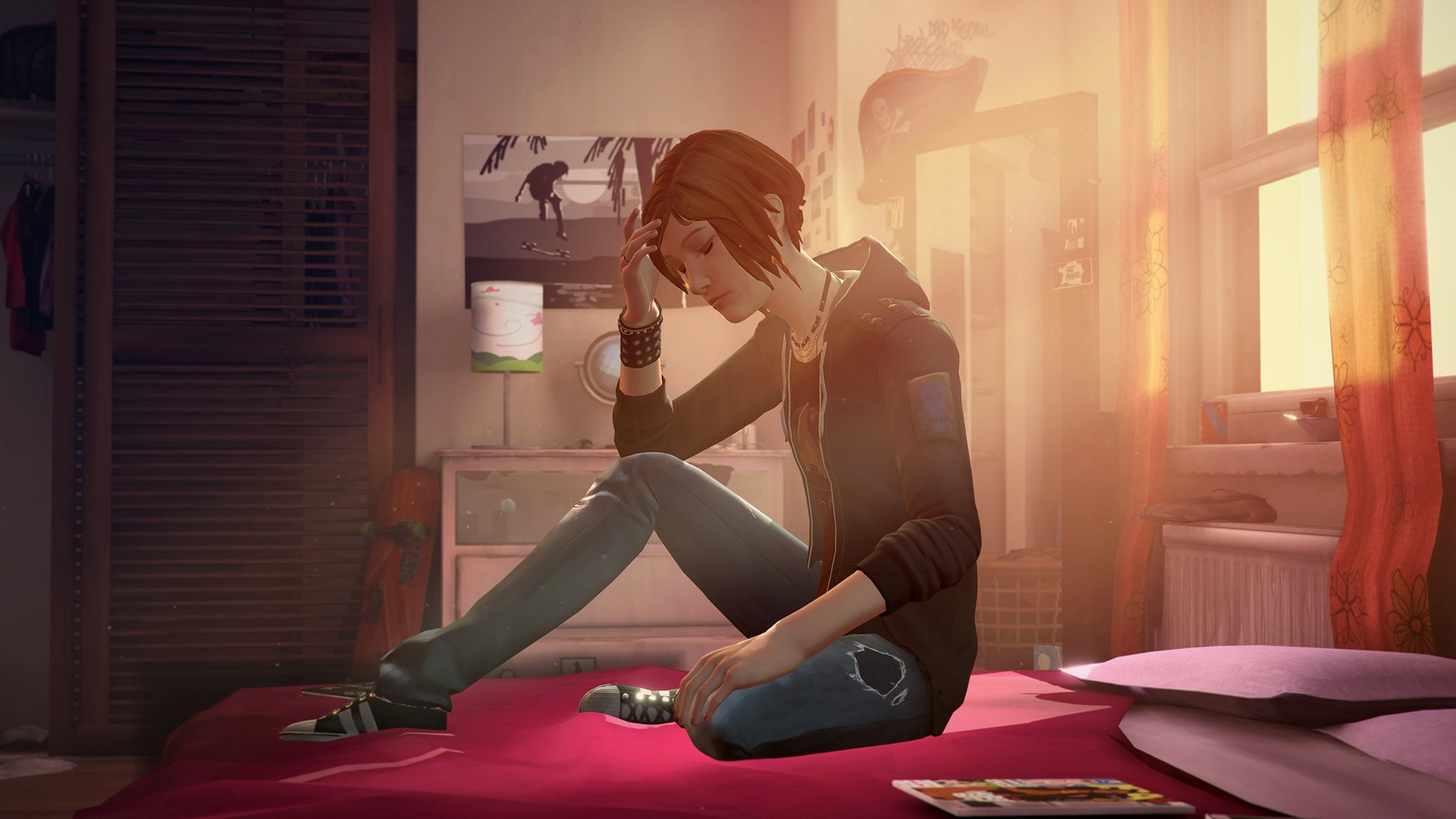HD PC desktop wallpaper featuring Chloe Price from the video game Life Is Strange: Before The Storm, sitting thoughtfully on a bed in a softly lit room.