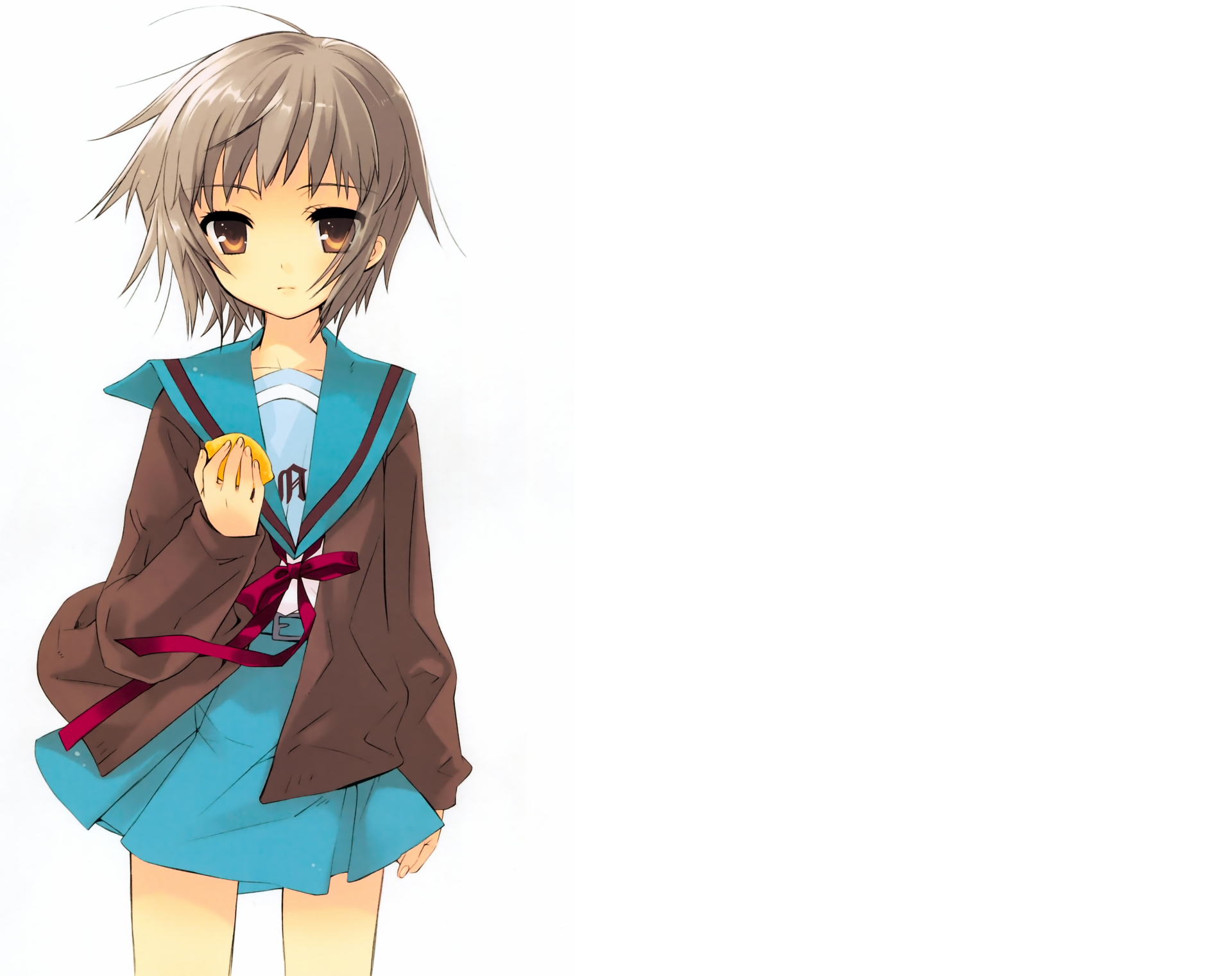 Yuki Nagato from The Melancholy of Haruhi Suzumiya standing in blue school uniform and brown cardigan holding a yellow snack on a white background — 5K Ultra HD PC desktop wallpaper