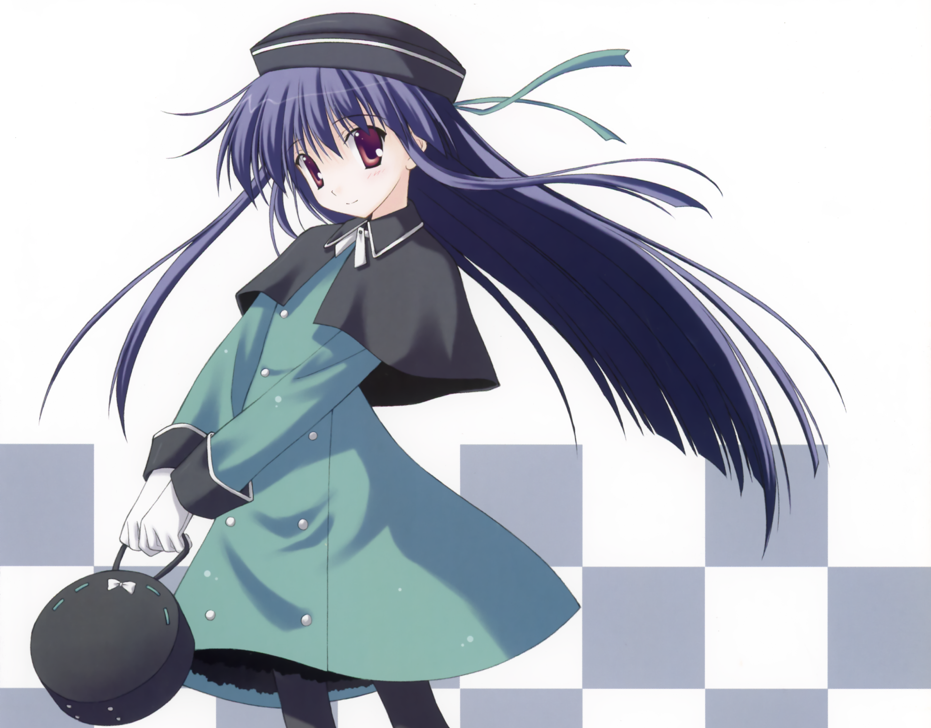HD PC desktop wallpaper of a smiling anime girl with long purple hair, brown eyes, ribbon and faint blush, wearing a coat and holding a bag.