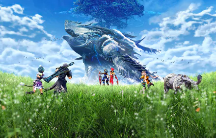 Xenoblade Chronicles 2 characters Nia, Zeke, Pandoria, Pyra, Rex, and Dromarch stand in a lush meadow, gazing at a colossal creature, against a vibrant blue sky backdrop.