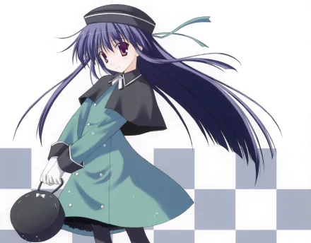 HD PC desktop wallpaper of a smiling anime girl with long purple hair, brown eyes, ribbon and faint blush, wearing a coat and holding a bag.