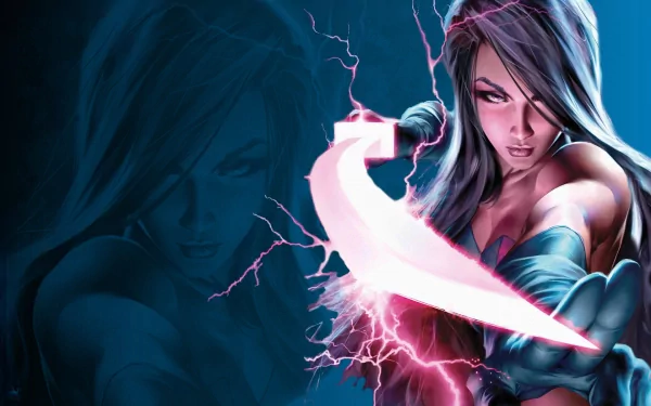 A dynamic HD wallpaper featuring Psylocke, a fictional character wielding a glowing sword amidst electrifying effects, set against a striking blue background.
