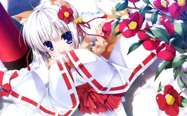 4K Ultra HD anime original wallpaper: smiling short white-haired shrine maiden with blue eyes, ribbon and bell, fox tail, red miko outfit and flowers in a snowy scene.