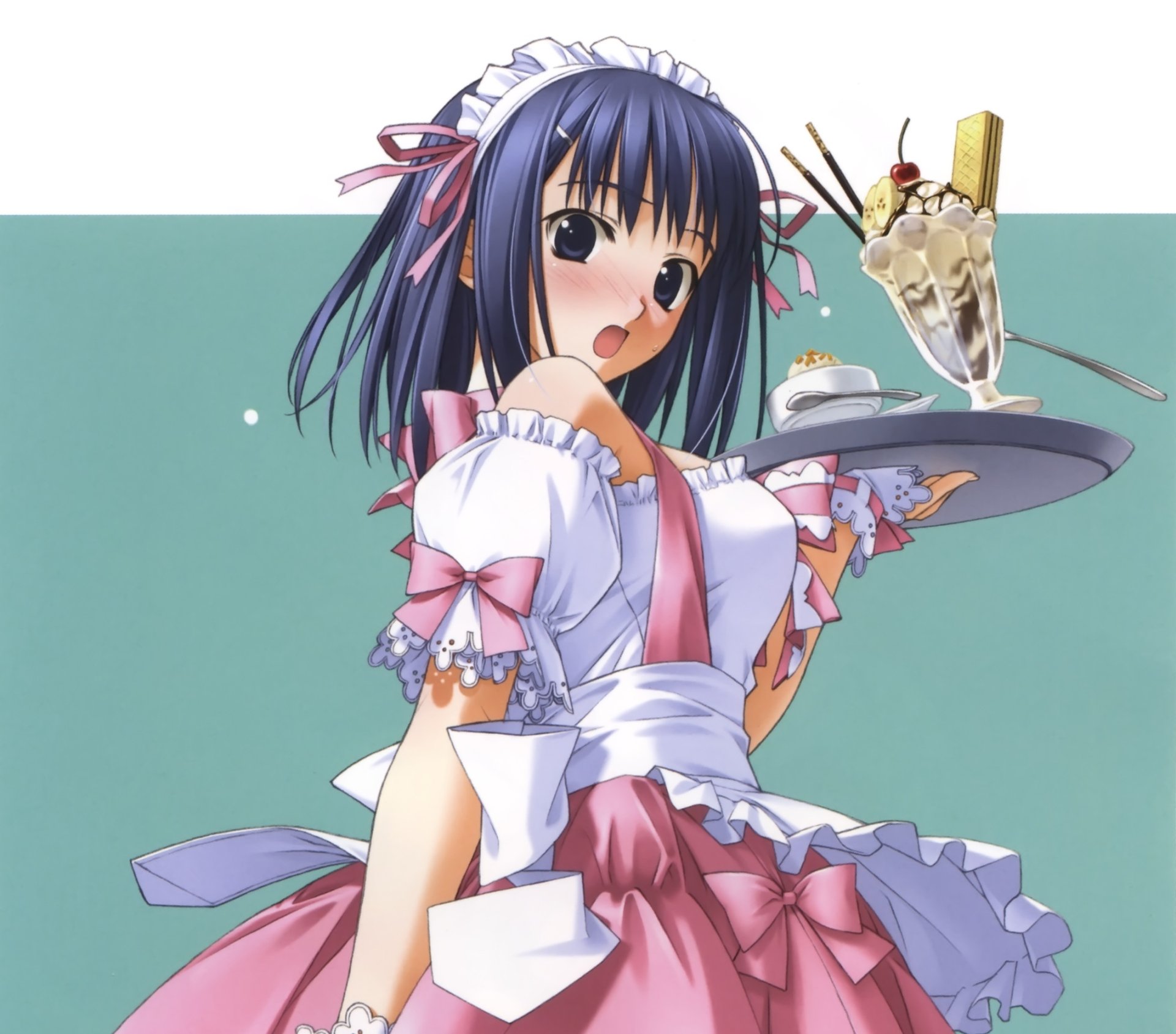 Anime-style original character with short blue hair and blue eyes, wearing a maid apron, holding a tray with ice cream, blushing against a light background.
