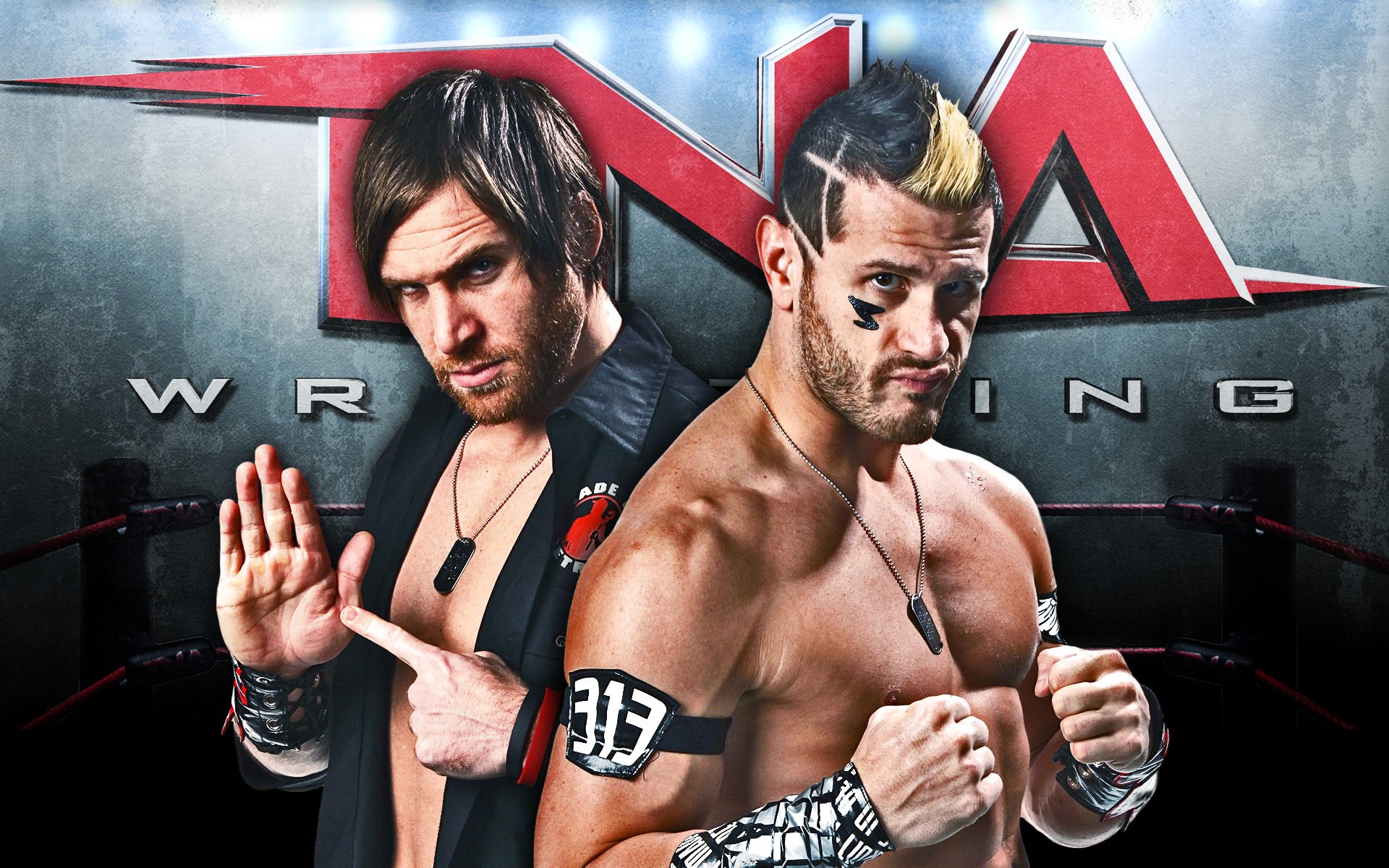 High-definition wallpaper featuring two TNA wrestlers in a dynamic pose, showcasing the excitement of sports entertainment and the intensity of professional wrestling.