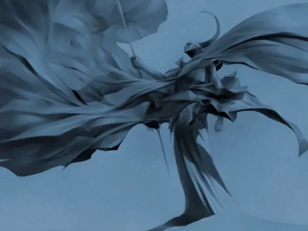 A striking HD desktop wallpaper of a fantasy warrior, shrouded in flowing fabric, embodying strength and mystique against a cool blue backdrop.