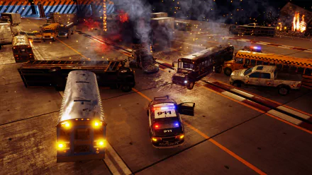 HD desktop wallpaper of a chaotic scene with emergency vehicles amid smoke and debris, evoking a sense of urgency within a danger zone.