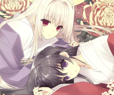 HD PC anime original wallpaper of two long-haired girls in kimonos among cherry blossoms—a blonde with red eyes and a black-haired girl with purple eyes, delicate flowers around them.