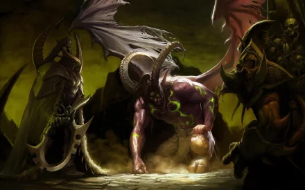 A stunning HD wallpaper featuring Illidan Stormrage, a powerful demon from World of Warcraft, surrounded by ominous figures in a dramatic fantasy landscape.
