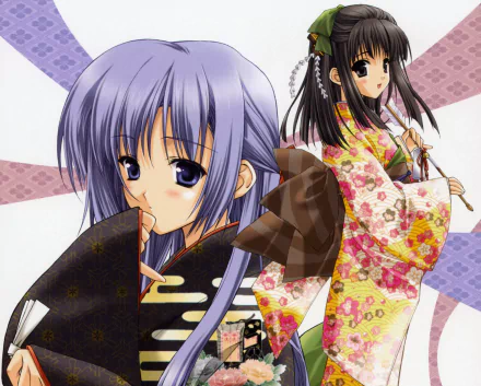 blue eyes black eyes ribbon smile blush blue hair kimono black hair long hair Anime Original HD Desktop Wallpaper | Background Image