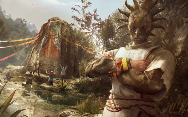 HD wallpaper from Dying Light: The Following featuring a character in a tribal mask with arms crossed in front of a camp with tents and decorations.