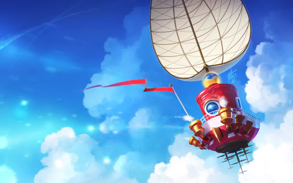 HD desktop wallpaper from the video game Super Mario Odyssey, featuring a vibrant scene with Mario's airship floating in a bright, cloud-filled sky.