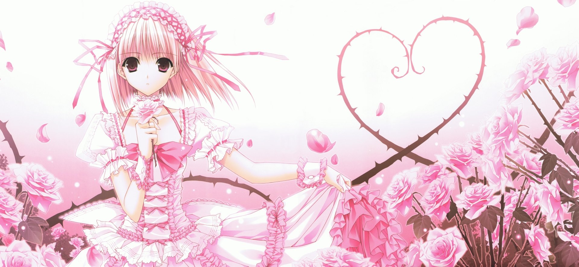 5K Ultra HD anime wallpaper of a blushing, pink‑haired girl with short hair, red eyes and ribbons in a frilly dress among roses and petals; thorny branches form a heart.