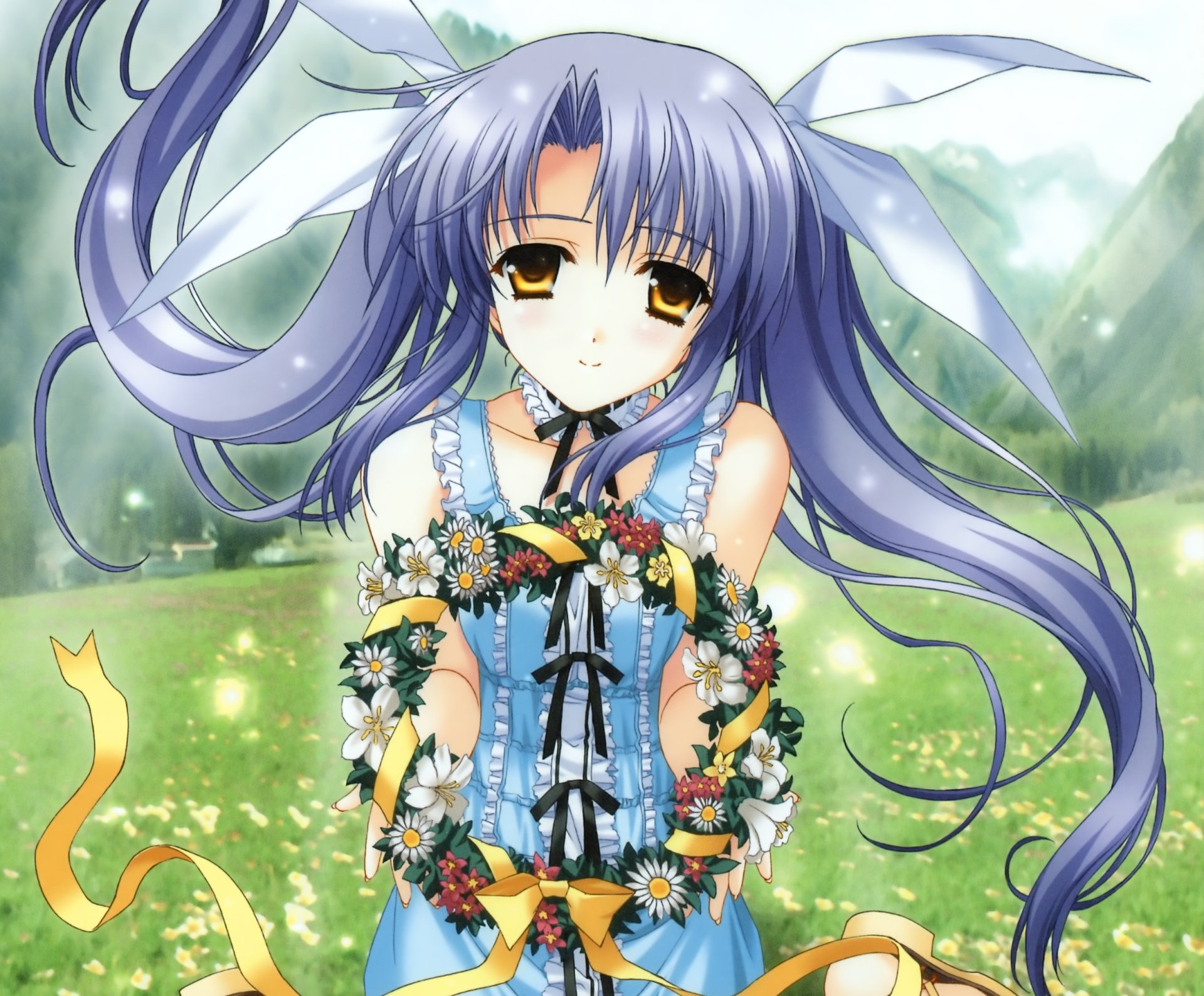 Download Yellow Eyes Long Hair Smile Wreath Ribbon Blue Hair Twintails Anime Original HD Wallpaper by Kimizuka Aoi