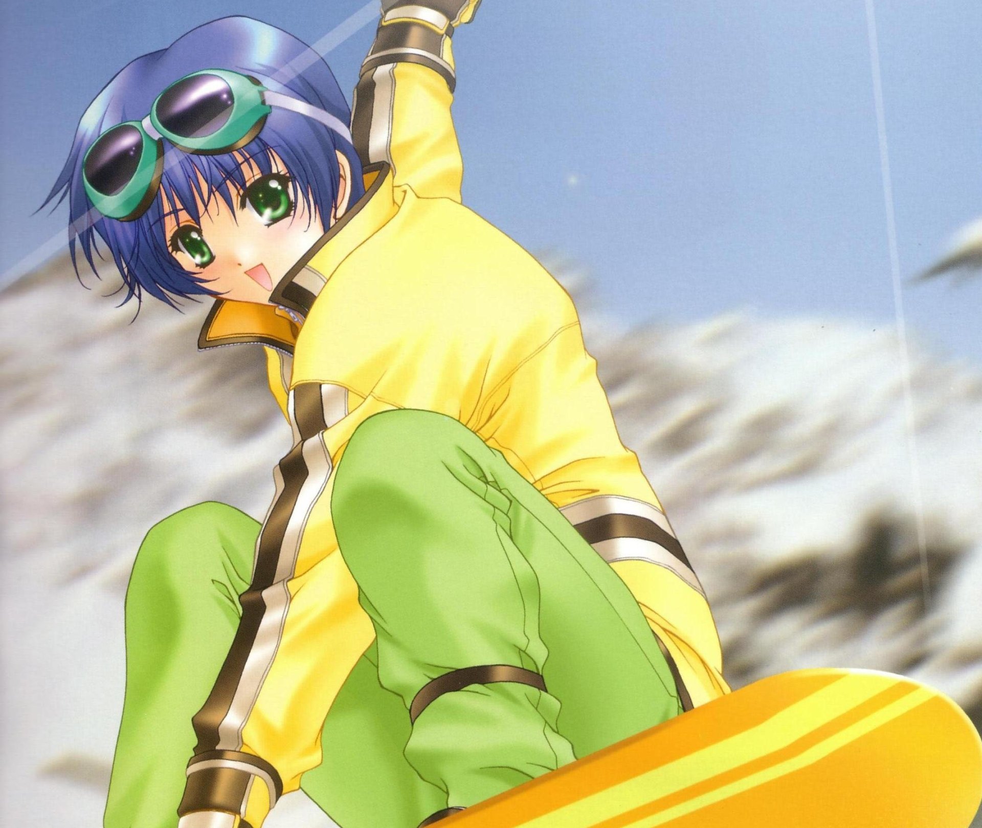 Download Green Eyes Blush Blue Hair Smile Short Hair Goggles Snowboard Anime Original  HD Wallpaper by Kimizuka Aoi