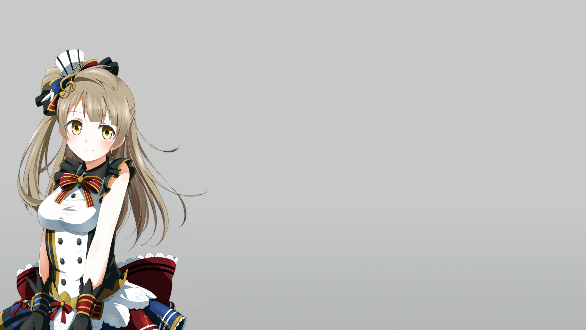 HD PC desktop wallpaper featuring Kotori Minami from the anime Love Live!, with a soft gray background and vibrant character design on the left side.