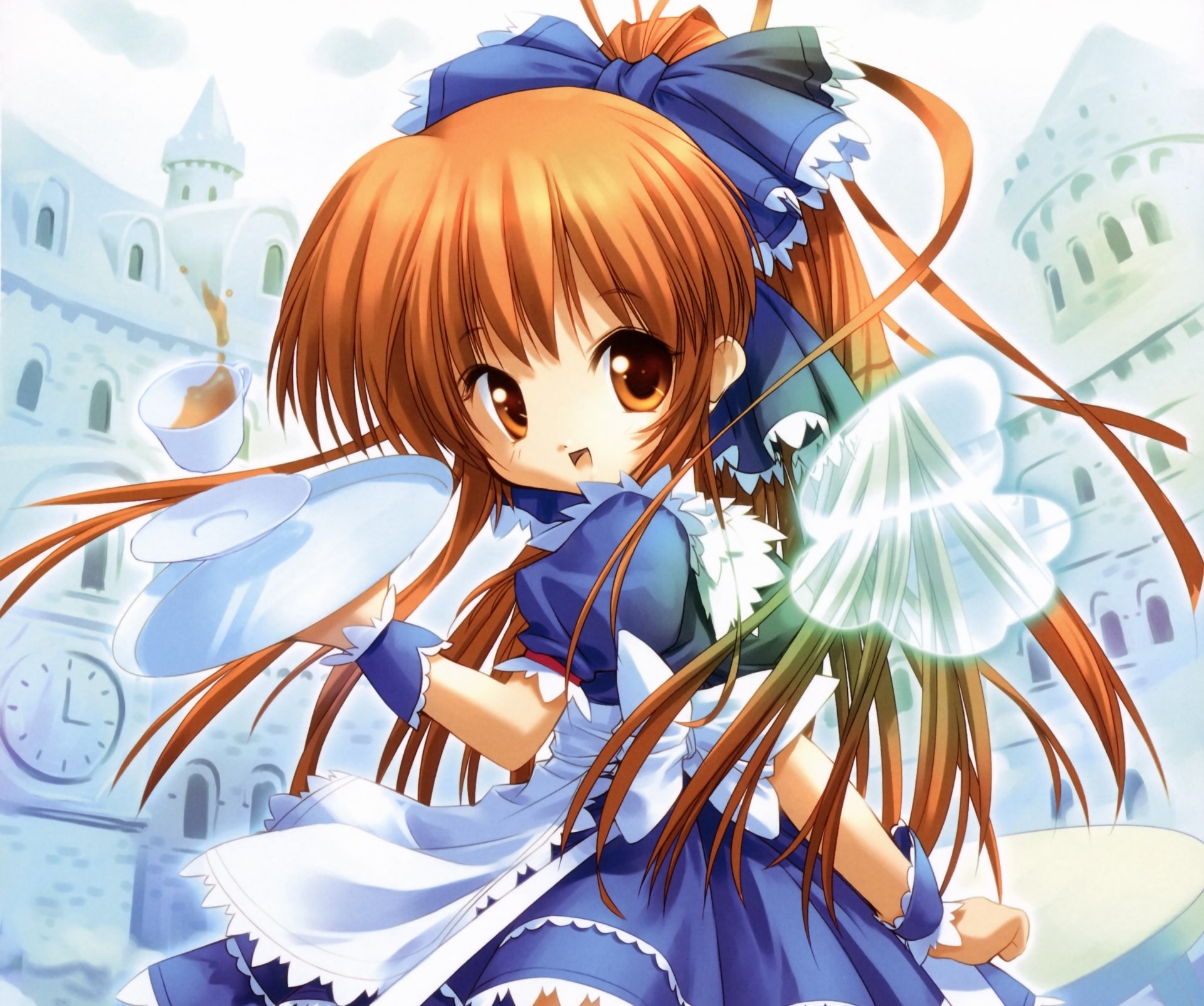 Anime angel maid with brown hair, ribbon, brown eyes and blush, smiling in a blue apron dress with white wings against a bright 4K Ultra HD desktop background.