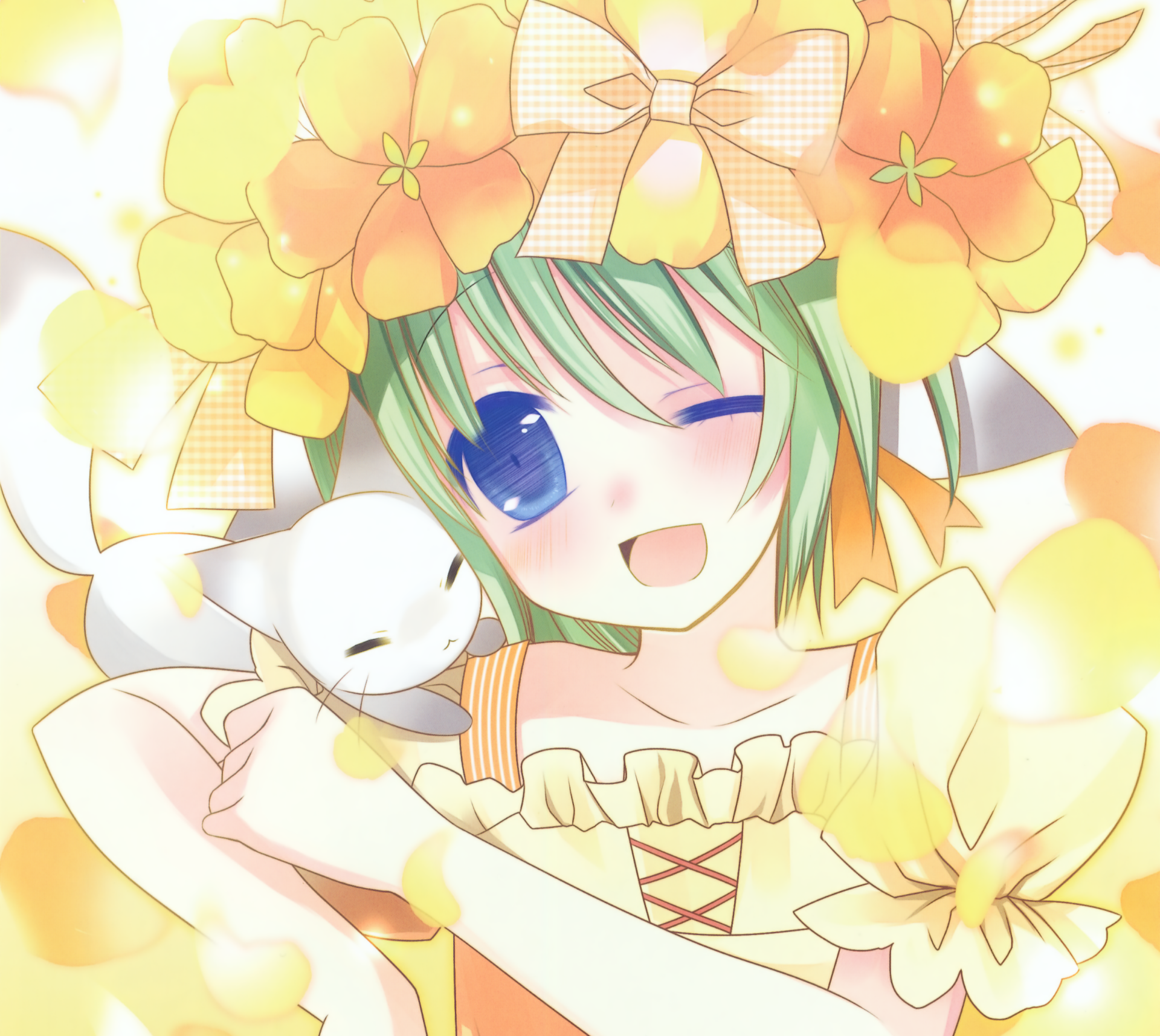 Download Bow (Clothing) Wink Green Hair Blue Eyes Cat Blush Smile Flower Anime Original Anime Cat HD Wallpaper by Hinayuki Usa