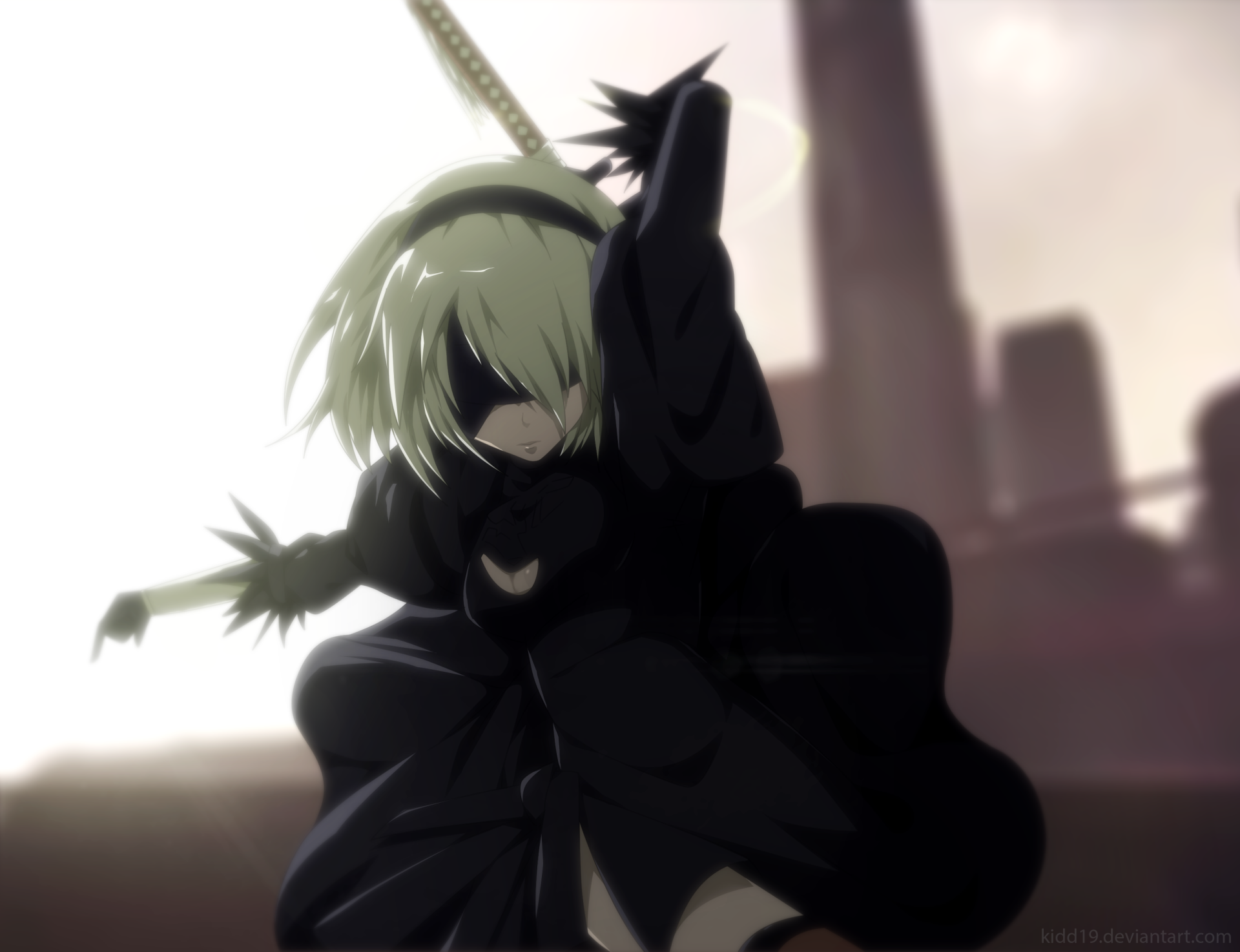 HD desktop wallpaper of NieR: Automata's YoRHa No.2 Type B in action, with a blurred urban backdrop. The scene captures the character poised dramatically, highlighting her dynamic design.