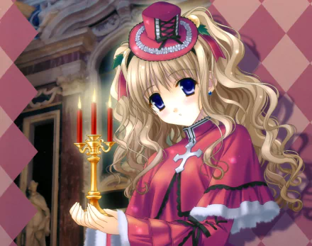 earrings twintails blue eyes blush blonde candle long hair hat Anime Original HD Desktop Wallpaper | Background Image