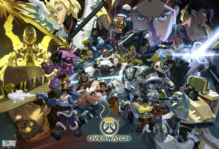 HD desktop wallpaper featuring various characters from the video game Overwatch arranged dynamically with rich, vivid colors.