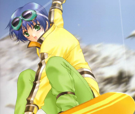 green eyes blush blue hair smile short hair goggles snowboard Anime Original HD Desktop Wallpaper | Background Image