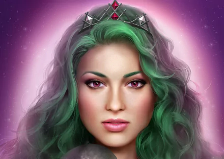 HD fantasy wallpaper of a vampire with green hair, purple eyes, and a crown, set against a glowing purple background.