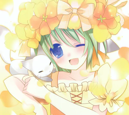bow (Clothing) wink green hair blue eyes cat blush smile flower Anime Original anime cat HD Desktop Wallpaper | Background Image
