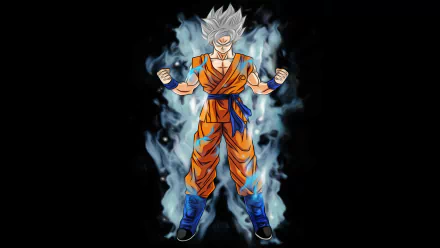 HD desktop wallpaper featuring Goku as a Super Saiyan from Dragon Ball Super, with glowing white hair, wearing his signature orange and blue outfit, surrounded by an ethereal blue aura.