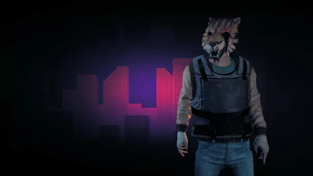 HD PC desktop wallpaper: Jacket from Payday 2 wearing a wolf mask and tactical vest, standing against a neon purple cityscape background.