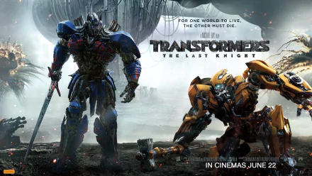 HD wallpaper of Optimus Prime and Bumblebee from Transformers: The Last Knight, with promotional text For one world to live, the other must die. and movie release date, June 22.