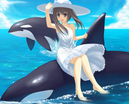 bow (Clothing) grey eyes smile brown hair long hair orca hat Anime girl anime girl HD Desktop Wallpaper | Background Image