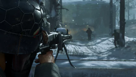 An intense scene from Call of Duty: WWII video game depicts a soldier aiming his weapon in a snowy battlefield. This HD desktop wallpaper captures the gripping action and immersive environment of the game.