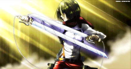 HD anime desktop wallpaper featuring Mikasa Ackerman from Attack on Titan, wielding dual blades with a determined expression against a glowing golden background.