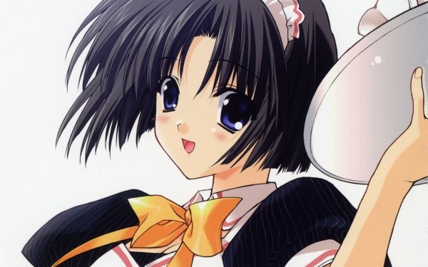 Anime Original Apron Tea Cup Smile Blush Short Hair Black Hair Blue Eyes Maid HD Wallpaper | Background Image