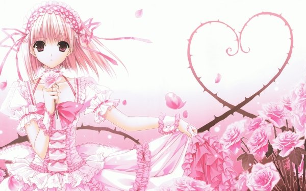 Anime Original Rose Petal Short Hair Heart Ribbon Pink Hair Red Eyes Blush HD Wallpaper | Background Image